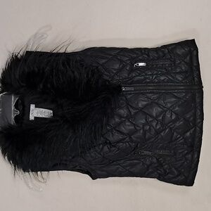 Cache Women's Size Small Down/Leather Vest with Faux Fur Collar